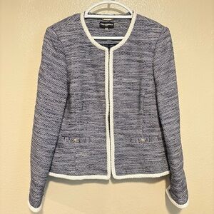 Karl Lagerfeld Paris Blue White Tweed Jacket With White Braided Trim Size 16